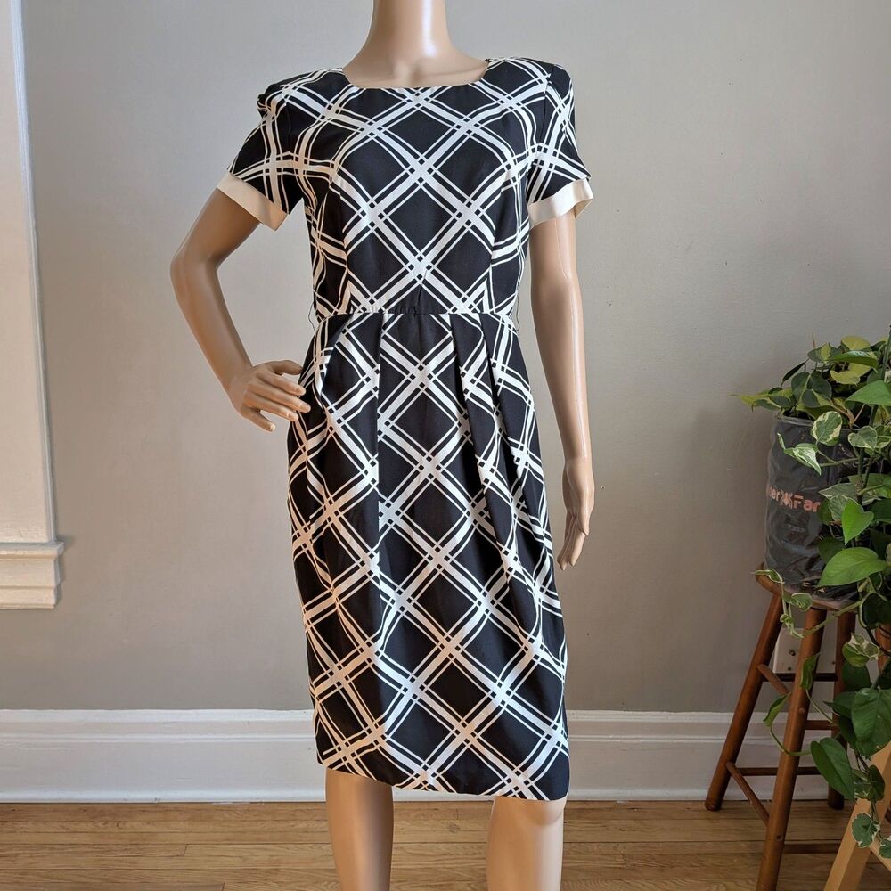 Vintage 90s Gillian Black and White Plaid Silk Dress Midi Shoulder Pads Size 4